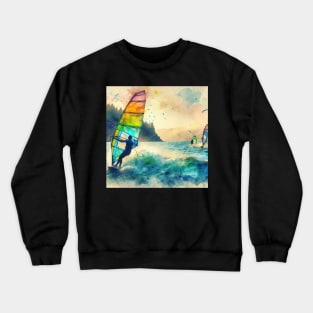 Artistic illustration of windsurfers at Mount Hood Crewneck Sweatshirt